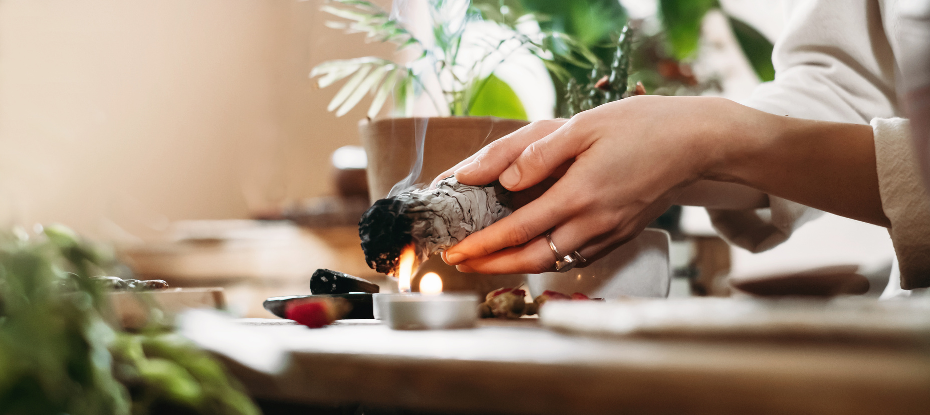 Hands Burning White Sage for Ancient Spiritual Ritual